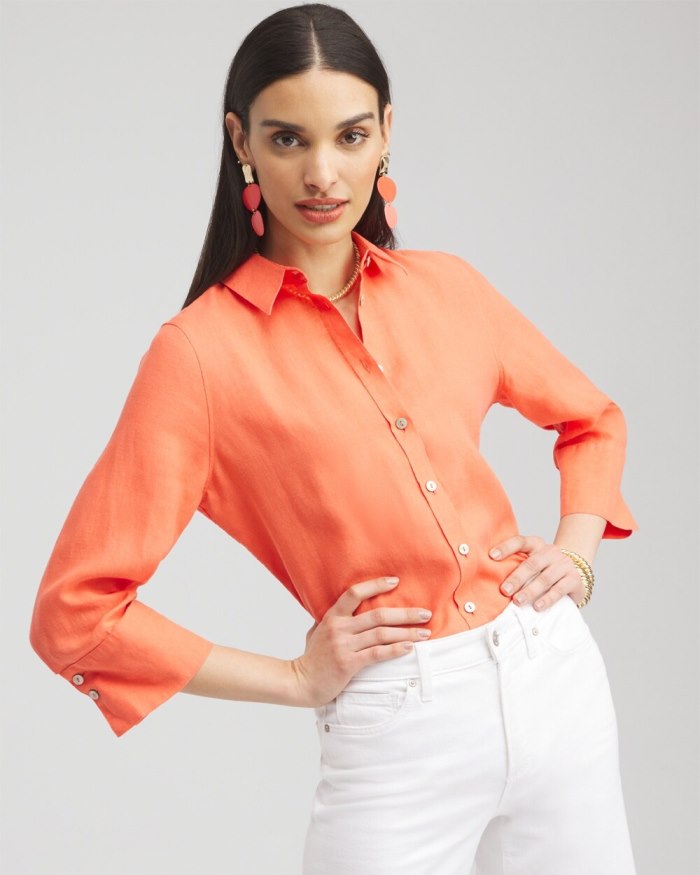 Chicos No Iron Linen 3/4 Sleeve Shirt - Nectarine Chicos No Iron Linen 3/4 Sleeve Shirt - Nectarine