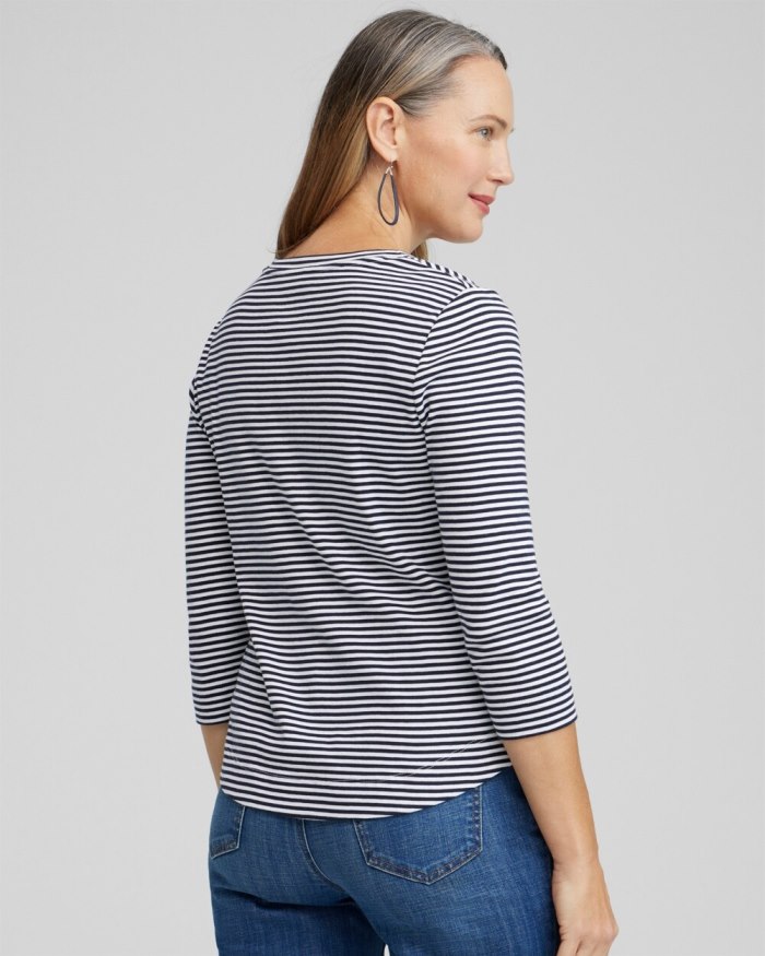Chicos Stripe V-neck 3/4 Sleeve Tee - Classic Navy Chicos Stripe V-neck 3/4 Sleeve Tee - Classic Navy