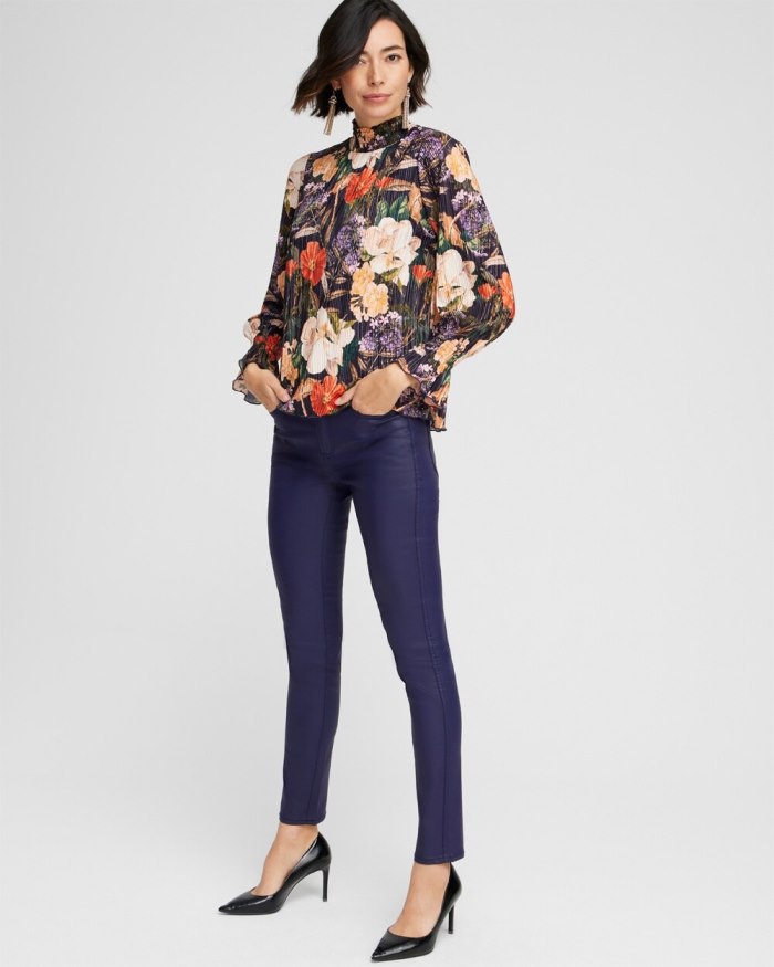 Chicos Floral Mock Neck Crinkle Top - Dewberry Chicos Floral Mock Neck Crinkle Top - Dewberry