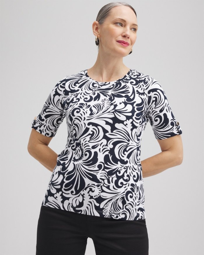 Chicos Scrolls Elbow Sleeve Cotton Tee - Black Chicos Scrolls Elbow Sleeve Cotton Tee - Black