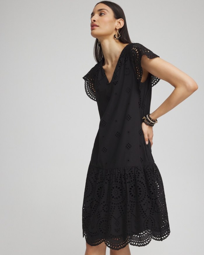 Chicos Eyelet Scallop Hem Dress - Black Chicos Eyelet Scallop Hem Dress - Black