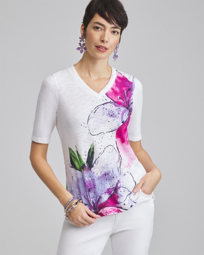 Chicos Placed Floral Elbow Sleeve A-line Tee - Parisian Purple Chicos Placed Floral Elbow Sleeve A-line Tee - Parisian Purple