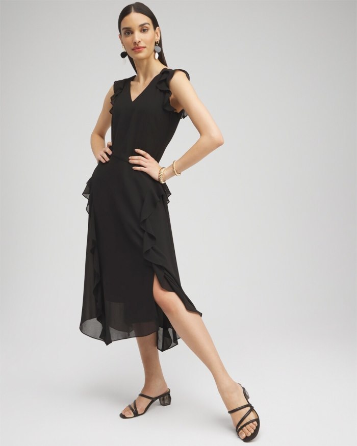 Chicos Chiffon Ruffle Midi Dress - Black Chicos Chiffon Ruffle Midi Dress - Black