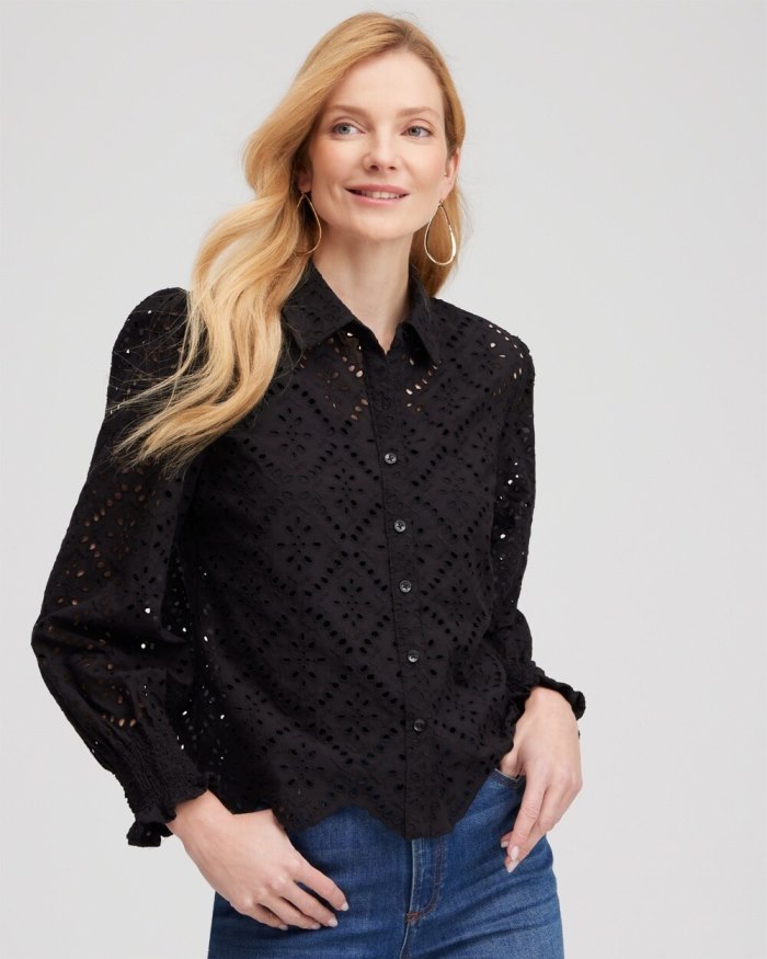 Chicos Eyelet Scallop Hem Blouse - Black Chicos Eyelet Scallop Hem Blouse - Black