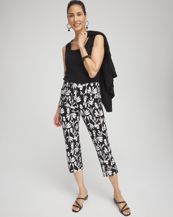Chicos Wide Waistband Leaf Print Capris - Black/White Chicos Wide Waistband Leaf Print Capris - Black/White