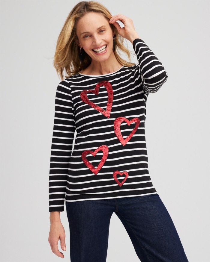 Chicos Stripe Sequin Hearts Tee - Black Chicos Stripe Sequin Hearts Tee - Black