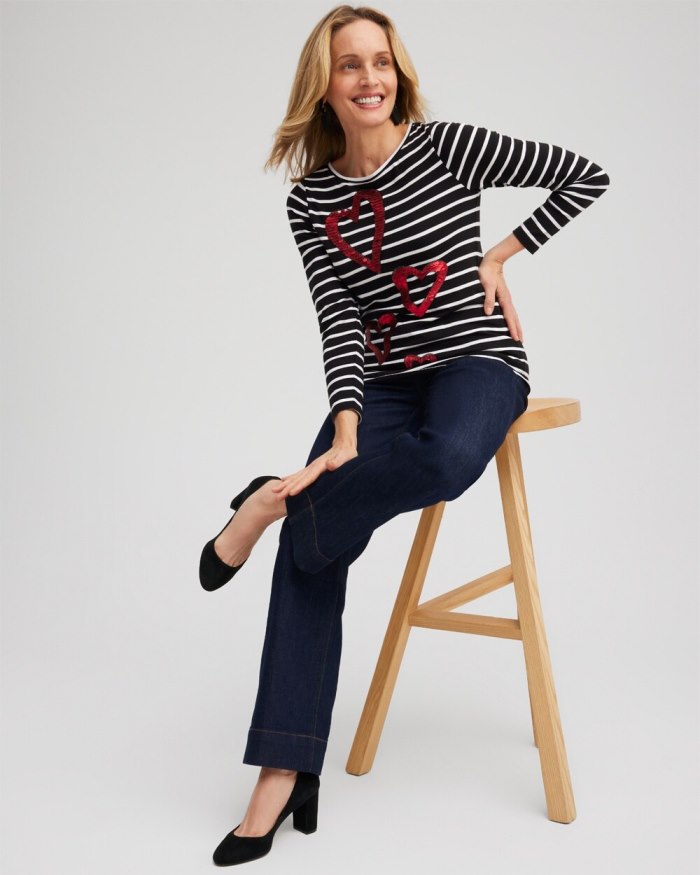 Chicos Stripe Sequin Hearts Tee - Black Chicos Stripe Sequin Hearts Tee - Black
