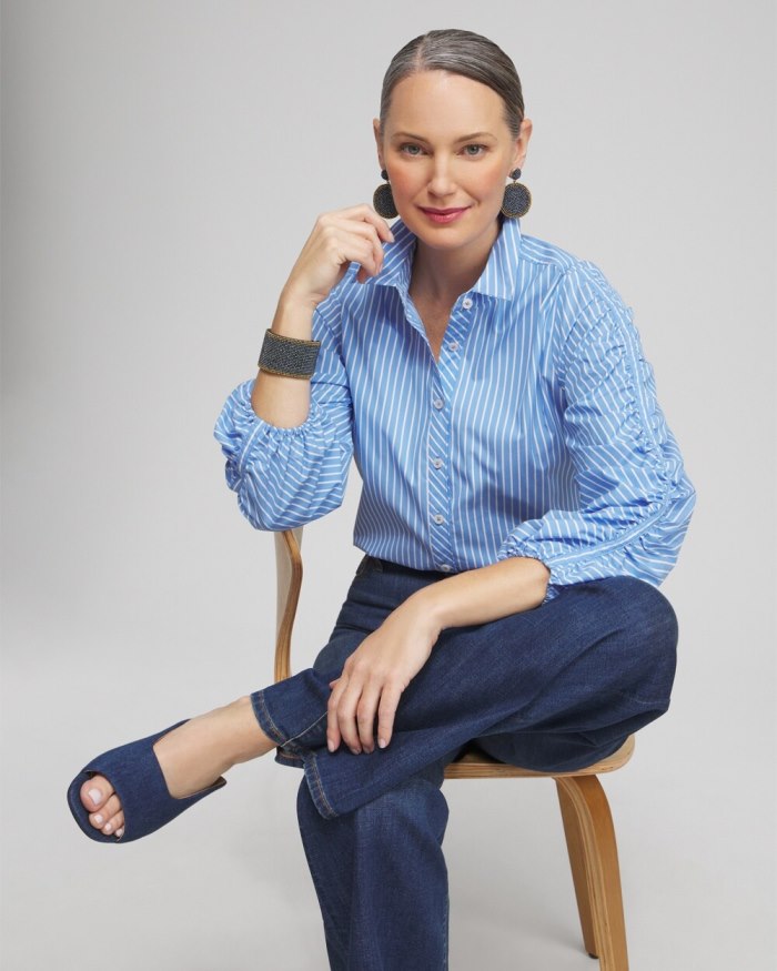 Chicos Poplin Stripe Ruched Sleeve Shirt - French Blue Chicos Poplin Stripe Ruched Sleeve Shirt - French Blue