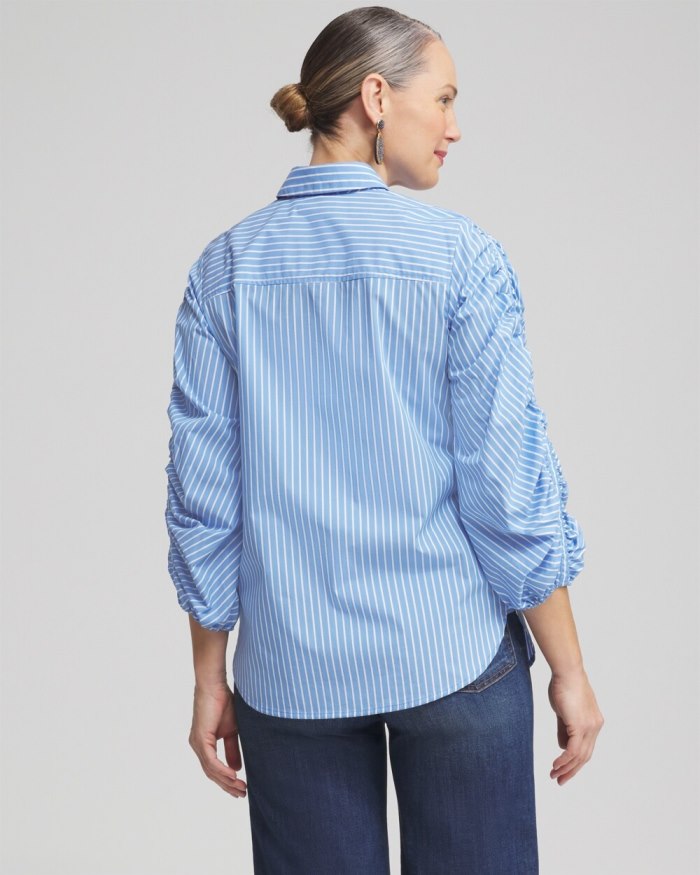 Chicos Poplin Stripe Ruched Sleeve Shirt - French Blue Chicos Poplin Stripe Ruched Sleeve Shirt - French Blue