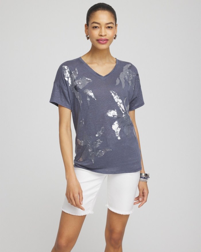 Chicos Slate Linen Sequin Tee - Soft Slate Chicos Slate Linen Sequin Tee - Soft Slate