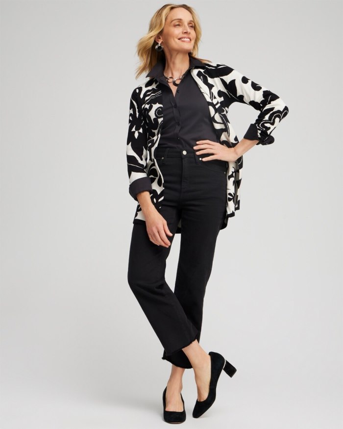 Chicos Double Knit Scroll Print Cardigan - Black Chicos Double Knit Scroll Print Cardigan - Black