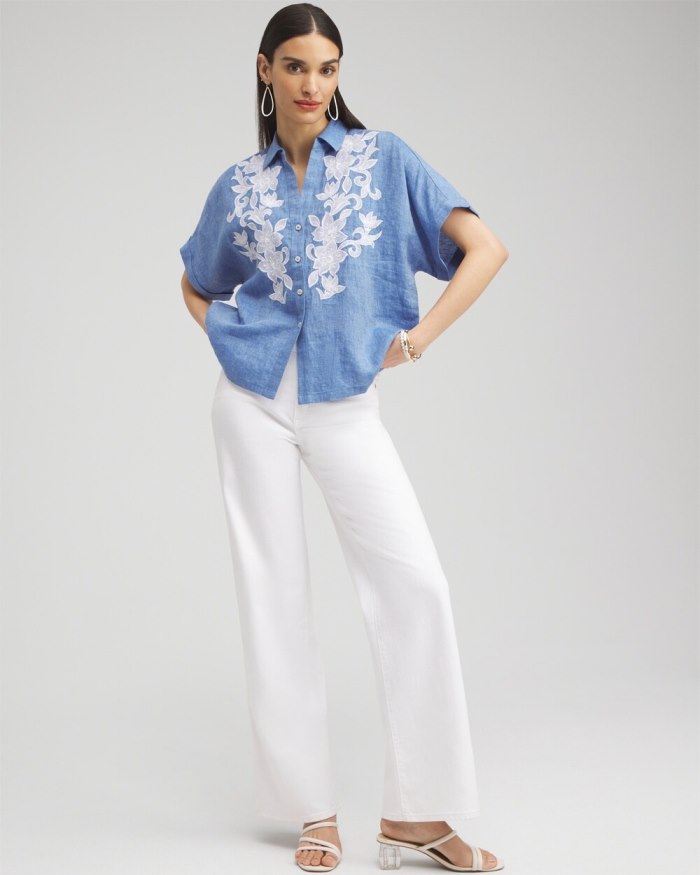 Chicos Linen Embroidered Applique Shirt - Indigo Chicos Linen Embroidered Applique Shirt - Indigo