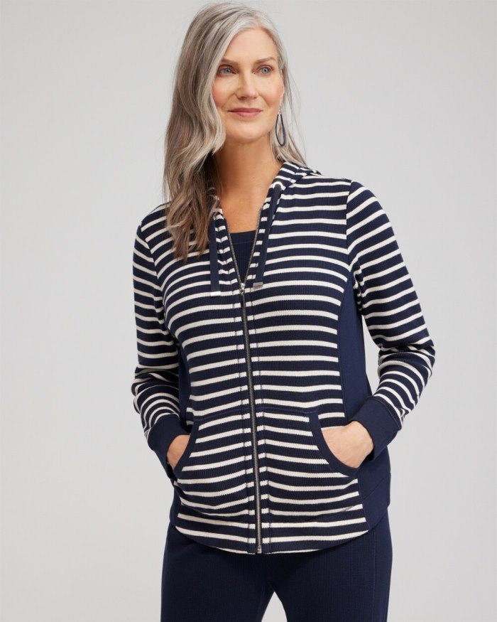 Chicos Zenergy Waffle Knit Stripe Hoodie - Classic Navy Chicos Zenergy Waffle Knit Stripe Hoodie - Classic Navy