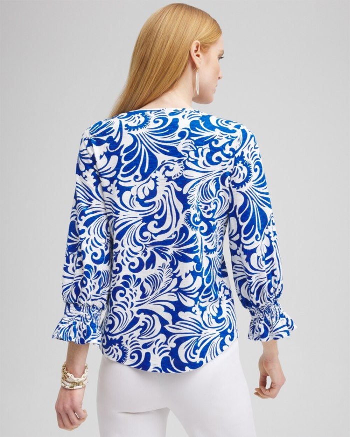 Chicos Scrolls Smocked 3/4 Sleeve Tee - Intense Azure Chicos Scrolls Smocked 3/4 Sleeve Tee - Intense Azure