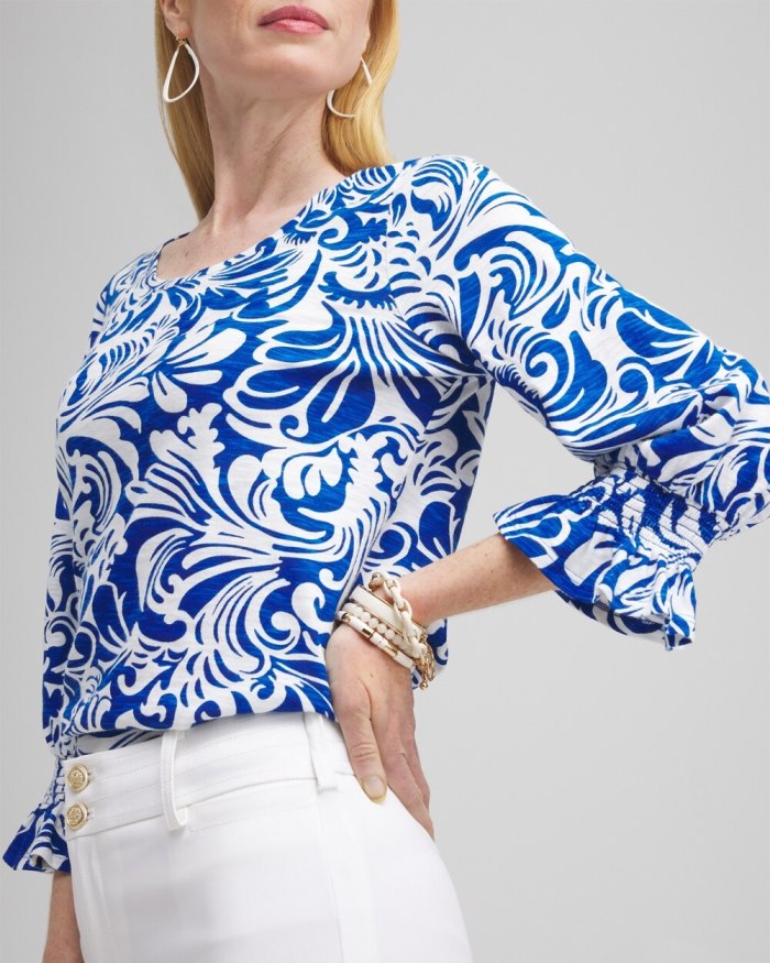 Chicos Scrolls Smocked 3/4 Sleeve Tee - Intense Azure Chicos Scrolls Smocked 3/4 Sleeve Tee - Intense Azure