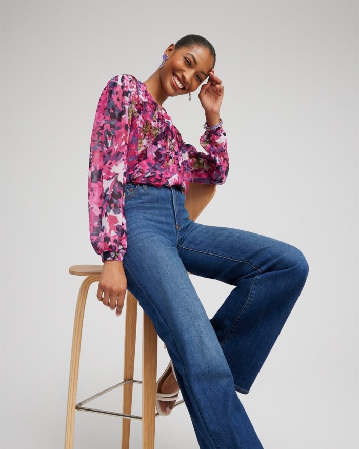 Chicos Chiffon Floral Ruffle Blouse - Soft Slate Chicos Chiffon Floral Ruffle Blouse - Soft Slate
