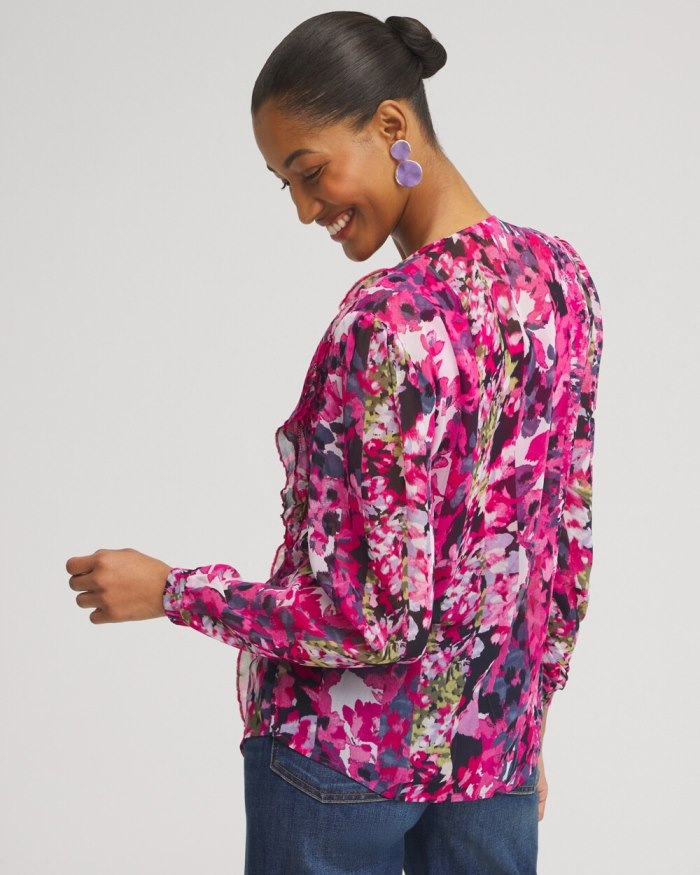 Chicos Chiffon Floral Ruffle Blouse - Soft Slate Chicos Chiffon Floral Ruffle Blouse - Soft Slate