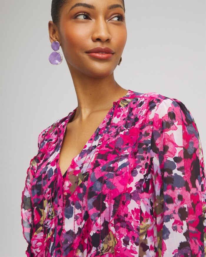 Chicos Chiffon Floral Ruffle Blouse - Soft Slate Chicos Chiffon Floral Ruffle Blouse - Soft Slate