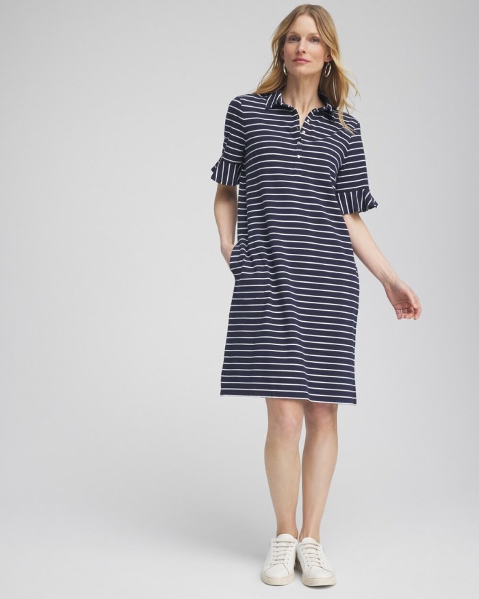 Chicos Zenergy UPF Neema Stripe Ruffle Dress - Classic Navy Chicos Zenergy UPF Neema Stripe Ruffle Dress - Classic Navy