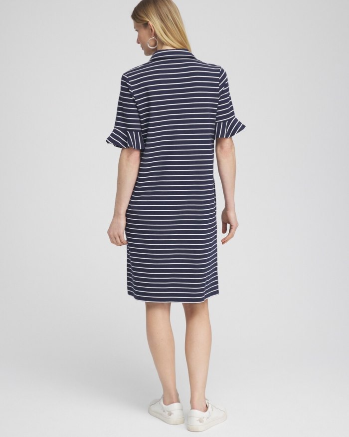Chicos Zenergy UPF Neema Stripe Ruffle Dress - Classic Navy Chicos Zenergy UPF Neema Stripe Ruffle Dress - Classic Navy