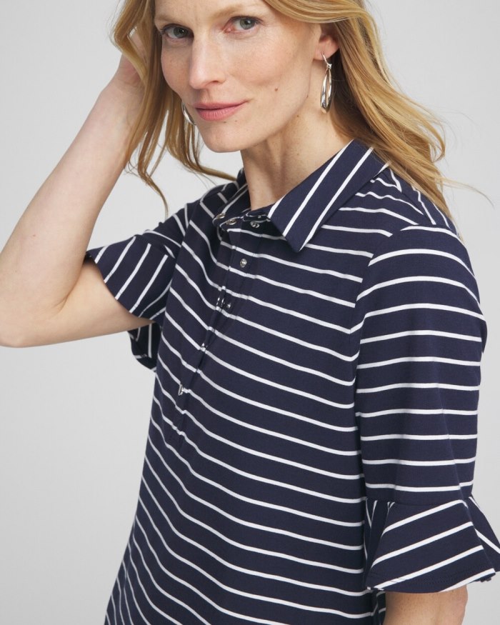 Chicos Zenergy UPF Neema Stripe Ruffle Dress - Classic Navy Chicos Zenergy UPF Neema Stripe Ruffle Dress - Classic Navy
