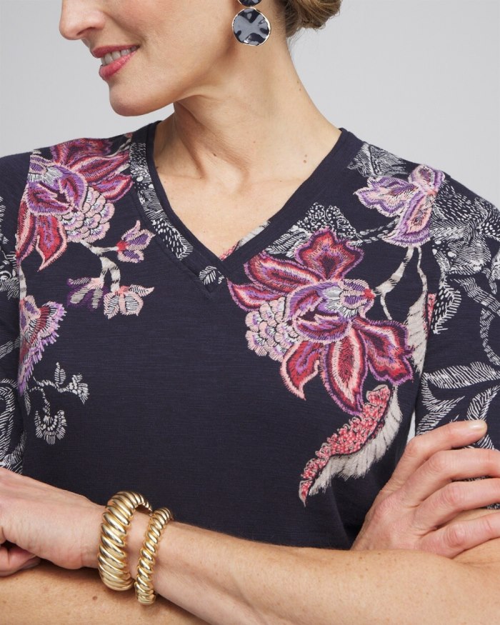 Chicos Placed Floral Elbow Sleeve A-line Tee - Ginger Rose Chicos Placed Floral Elbow Sleeve A-line Tee - Ginger Rose