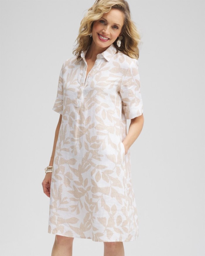 Chicos Linen Leaf Print Popover Dress - Sycamore Chicos Linen Leaf Print Popover Dress - Sycamore