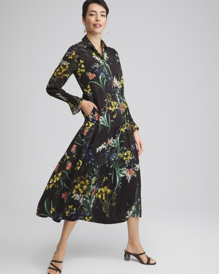 Chicos Floral Jacquard Tiered Dress - Black Chicos Floral Jacquard Tiered Dress - Black
