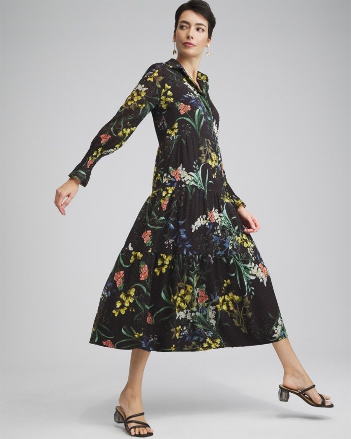 Chicos Floral Jacquard Tiered Dress - Black Chicos Floral Jacquard Tiered Dress - Black