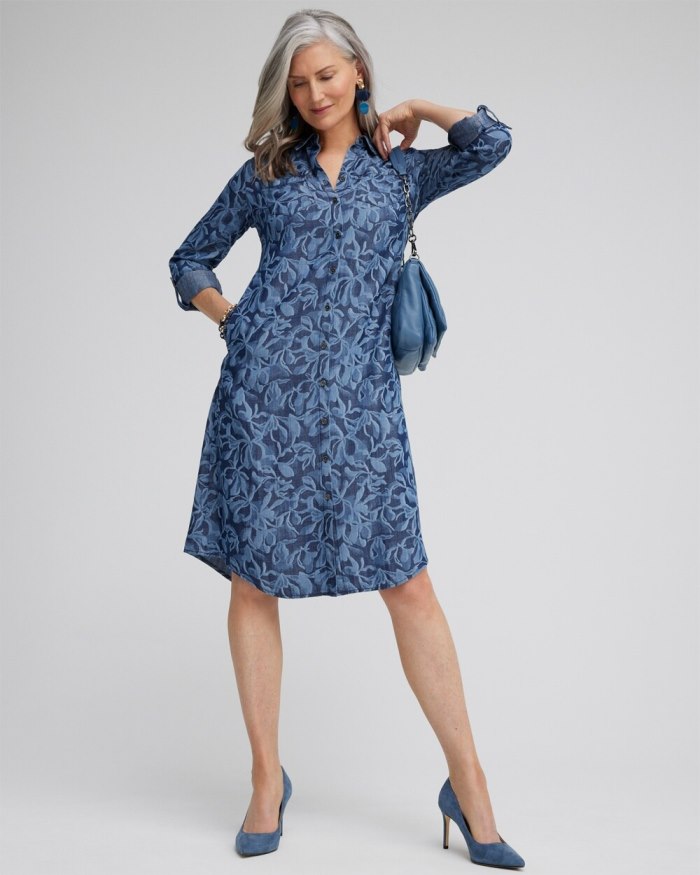 Chicos Roll Tab Shirt Dress - Blue Echo Chicos Roll Tab Shirt Dress - Blue Echo