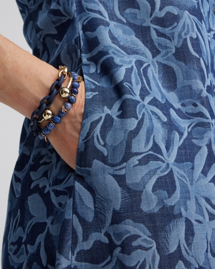 Chicos Roll Tab Shirt Dress - Blue Echo Chicos Roll Tab Shirt Dress - Blue Echo