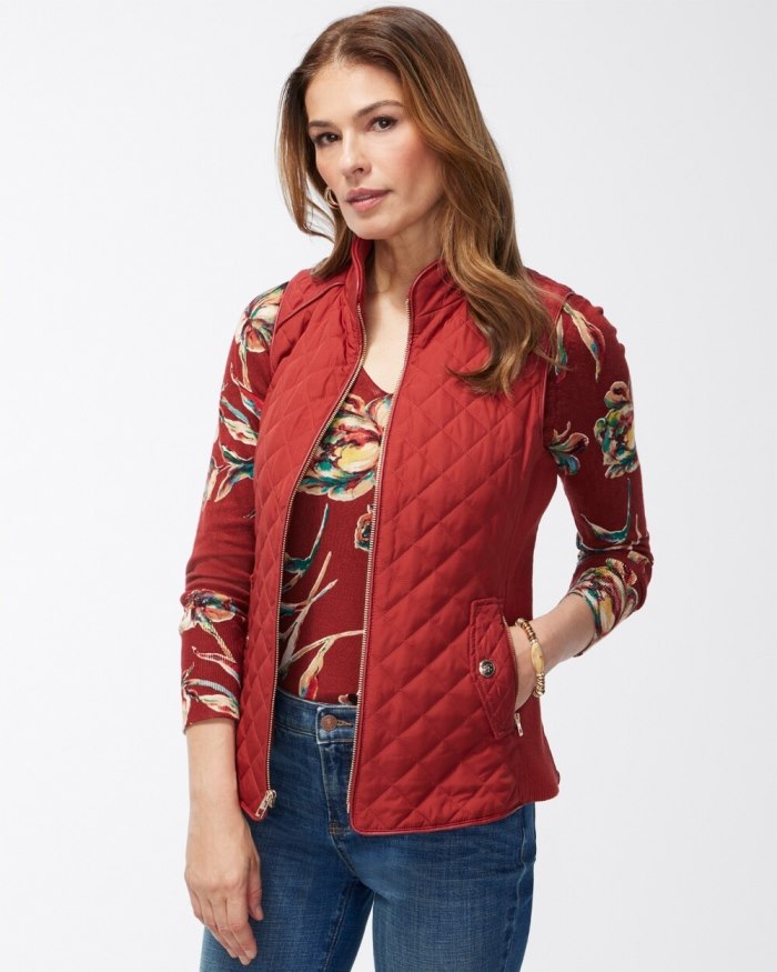 Chicos Rib Trim Quilted Vest - Smoked Paprika Chicos Rib Trim Quilted Vest - Smoked Paprika