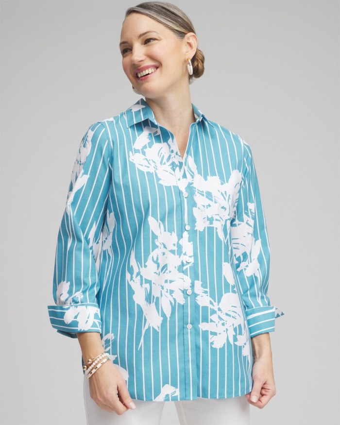 Chicos No Iron Stretch Iris Print 3/4 Sleeve Shirt - Cool Water Chicos No Iron Stretch Iris Print 3/4 Sleeve Shirt - Cool Water