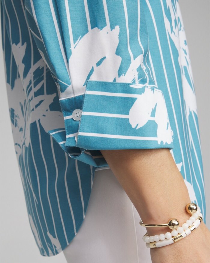 Chicos No Iron Stretch Iris Print 3/4 Sleeve Shirt - Cool Water Chicos No Iron Stretch Iris Print 3/4 Sleeve Shirt - Cool Water