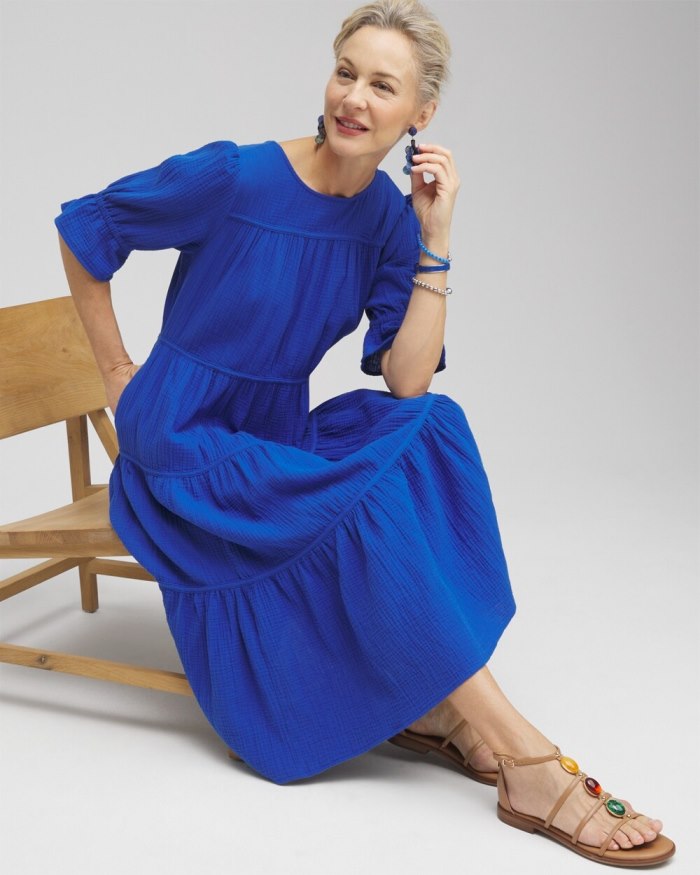 Chicos Gauze Tiered Midi Dress - Intense Azure Chicos Gauze Tiered Midi Dress - Intense Azure