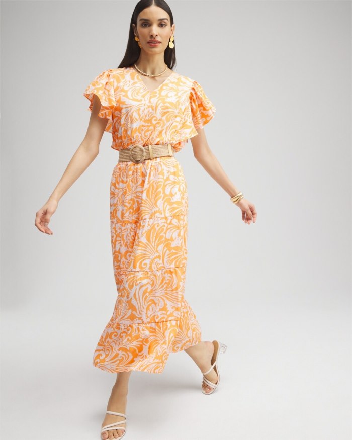 Chicos Flutter Sleeve Tiered Maxi Dress - Nectarine Chicos Flutter Sleeve Tiered Maxi Dress - Nectarine