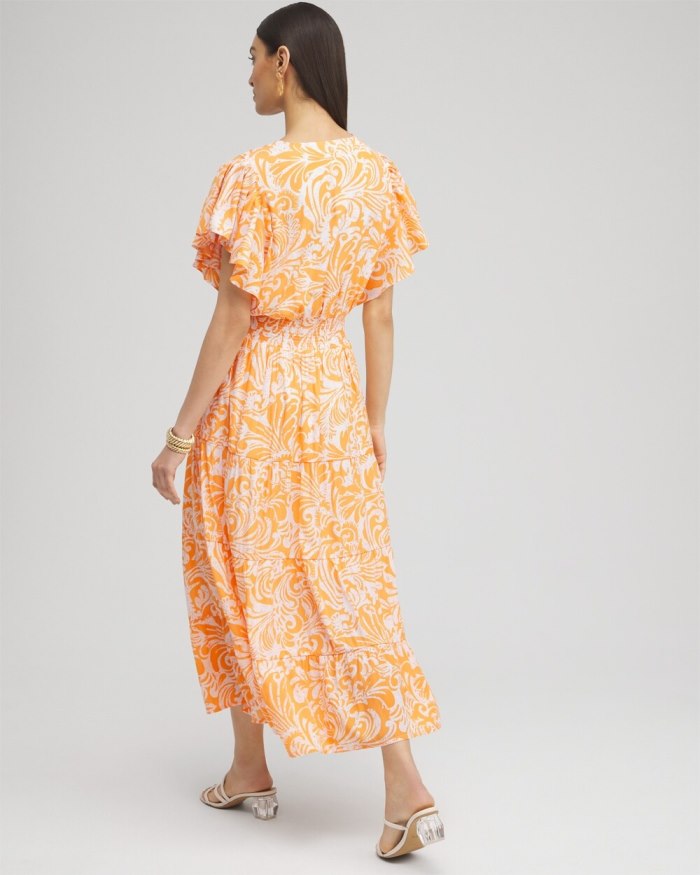 Chicos Flutter Sleeve Tiered Maxi Dress - Nectarine Chicos Flutter Sleeve Tiered Maxi Dress - Nectarine