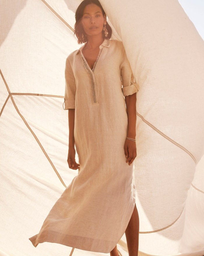 Chicos Linen Embellished Maxi Shirt Dress - Oatmeal Chicos Linen Embellished Maxi Shirt Dress - Oatmeal