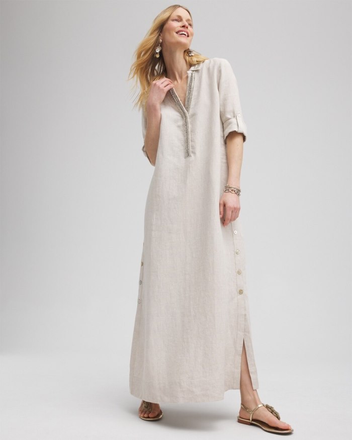 Chicos Linen Embellished Maxi Shirt Dress - Oatmeal Chicos Linen Embellished Maxi Shirt Dress - Oatmeal