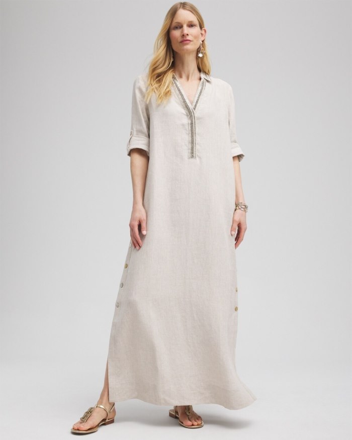 Chicos Linen Embellished Maxi Shirt Dress - Oatmeal Chicos Linen Embellished Maxi Shirt Dress - Oatmeal
