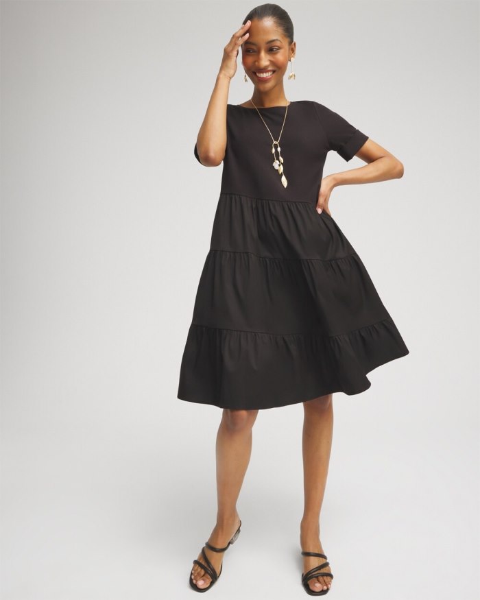Chicos Asymmetrical Knit Woven Tiered Dress - Classic Navy Chicos Asymmetrical Knit Woven Tiered Dress - Classic Navy