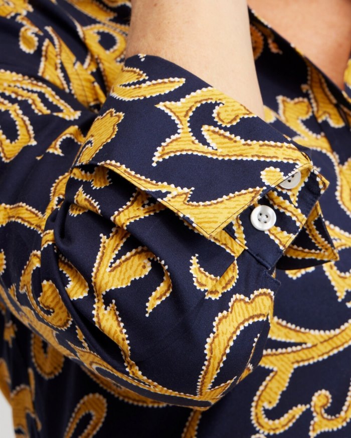 Chicos No Iron 3/4 Sleeve Filigree Print Shirt - Classic Navy Chicos No Iron 3/4 Sleeve Filigree Print Shirt - Classic Navy