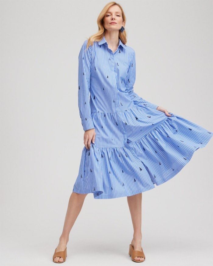 Chicos Poplin Tiered Stripe Shirt Dress - Wisteria Blue Chicos Poplin Tiered Stripe Shirt Dress - Wisteria Blue