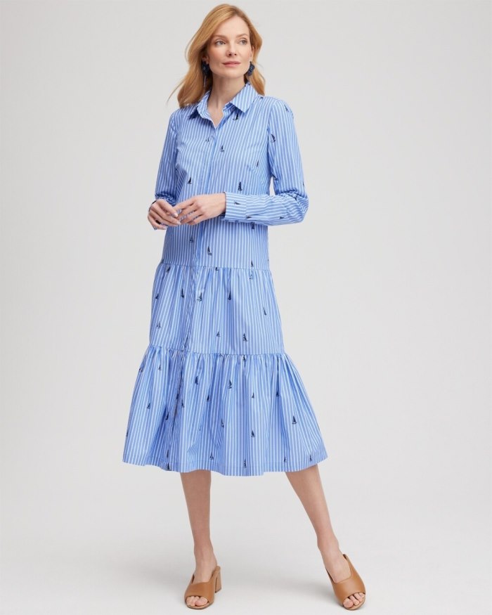 Chicos Poplin Tiered Stripe Shirt Dress - Wisteria Blue Chicos Poplin Tiered Stripe Shirt Dress - Wisteria Blue