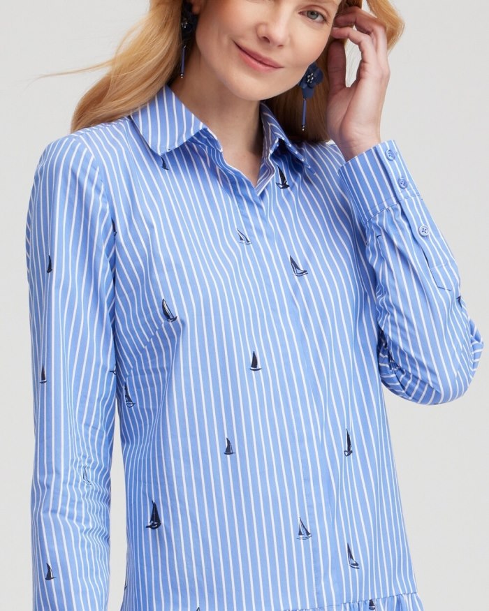 Chicos Poplin Tiered Stripe Shirt Dress - Wisteria Blue Chicos Poplin Tiered Stripe Shirt Dress - Wisteria Blue