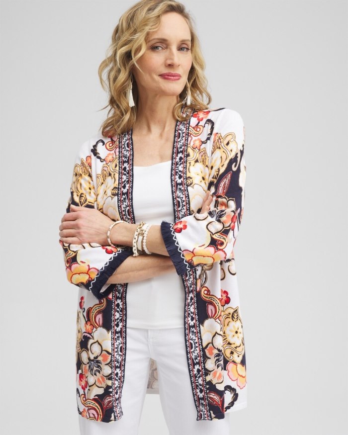 Chicos Linen Blend Floral Fringe Cardigan - Classic Navy Chicos Linen Blend Floral Fringe Cardigan - Classic Navy