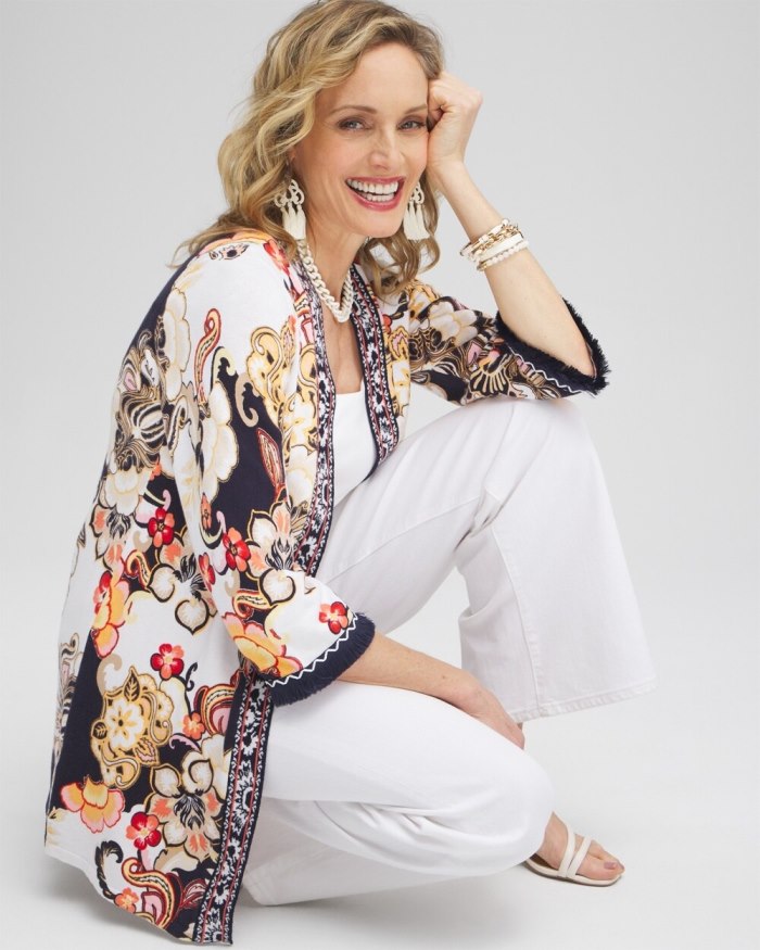 Chicos Linen Blend Floral Fringe Cardigan - Classic Navy Chicos Linen Blend Floral Fringe Cardigan - Classic Navy