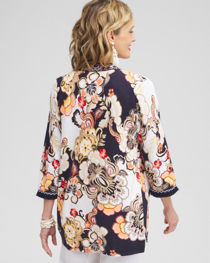 Chicos Linen Blend Floral Fringe Cardigan - Classic Navy Chicos Linen Blend Floral Fringe Cardigan - Classic Navy