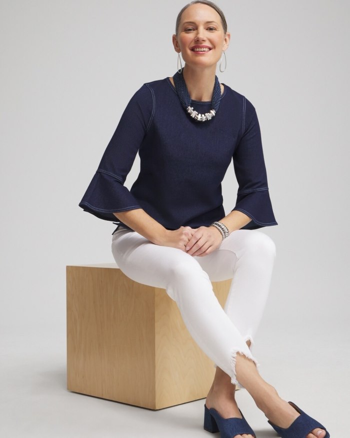 Chicos Faux Denim Trumpet Sleeve Top - Dark Denim Chicos Faux Denim Trumpet Sleeve Top - Dark Denim
