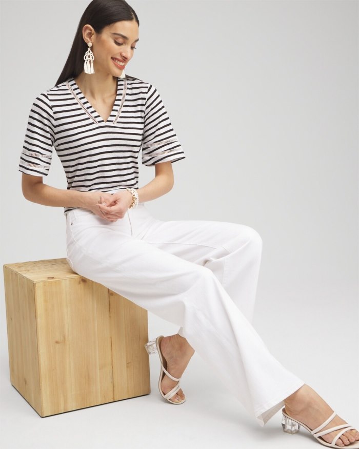 Chicos Linen Stripe Ladder Lace Tee - Alabaster Chicos Linen Stripe Ladder Lace Tee - Alabaster